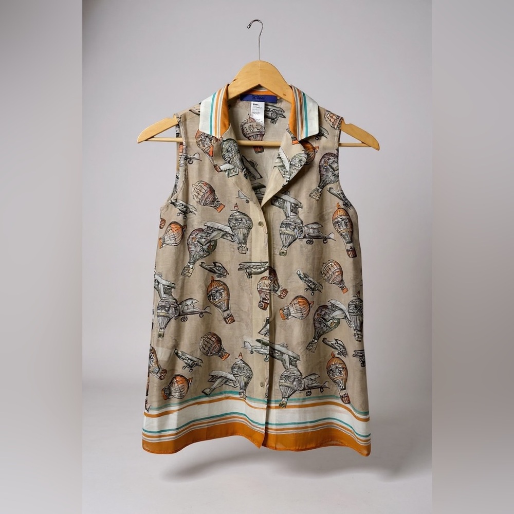 Vintage Les Copains Blue Sleeveless Silk Blend Blouse Hot Air Balloon Print